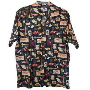 Locals Only Mens Sushi Print Button Down Shirt Black Short Sleeve Camp Collar M